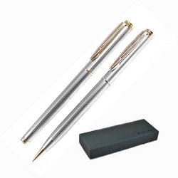 Набор письменных принадлежностей Pierre Cardin Pen&Pen серебристый (шариковая ручка, роллер). Отделка латунь с позолотой